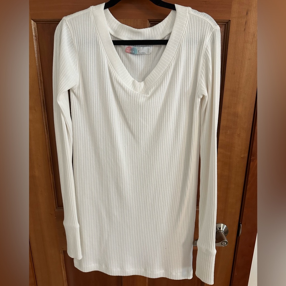 Free People Cream V-Neck Ribbed Mini Dress